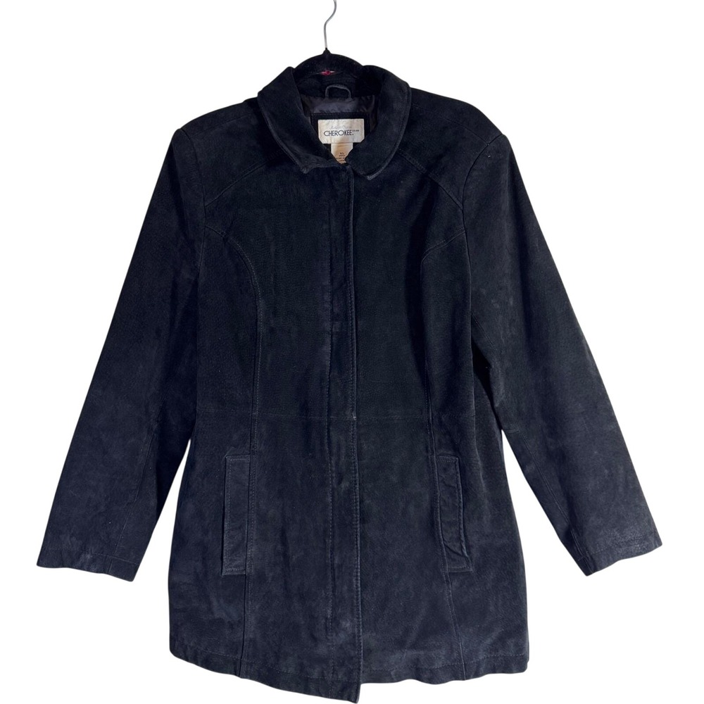 Vintage Cherokee‎ Womens XL Black Genuine Leather Suede Jacket Hidden Button Y2K